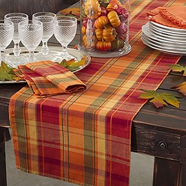 Terracotta Orange Holiday Harvest Plaid Design Cotton Runner. 16"x108" Oblong