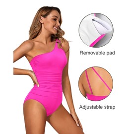 Holipick One Shoulder One Piece Swimsuit for Women Tummy Control Bathing Suits Modest Full Coverage Keyhole Swimwear Hot Pink