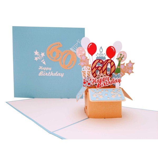 iGifts And Cards Happy 60th Blue Birthday Party Box 3D Pop Up Greeting Card – Sixty, Awesome, Balloons, Presents, Unique, Celebration, Feliz Cumpleaños, Fun