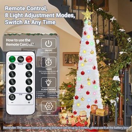 HISFFOG 5 Ft Prelit Tinsel Pop Up Christmas Tree with 8 Light Adjustment Modes 50 Remote Color Lights Battery Operated, Pencil Artificial Slim Tree Xmas Decoration Home Party Indoor Outdoor