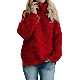 ANFTFH Womens Sweaters Knit Turtleneck Long Sleeve Chunky Pullover Red Sweaters for Women L