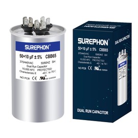 SUREPHON 50+10 uF 50/10 MFD ±5% 370V/440VAC Dual Run Start Capacitor CBB65 Works for AC Unit Fan Motor Start or Heat Pump or Condenser Straight Cool