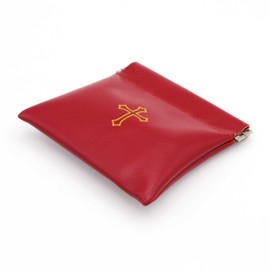 Squeeze Top Rosary Pouch Red Faux Leather with Cross Imprint