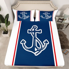 Twin Size Anchor Print Bed Sheet Set Boys Girls Nautical Themed Fitted Sheet for Kids Women Men Ocean Bedding Set Sea Adventure Bed Cover Room Decor