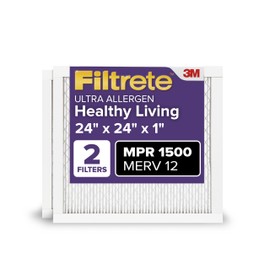 Filtrete 24x24x1 AC Furnace Air Filter, MERV 12, MPR 1500, CERTIFIED asthma & allergy friendly, 3 Month Pleated 1-Inch Electrostatic Air Cleaning Filter, 2-Pack (Actual Size 23.81x23.81x0.78 in)