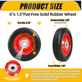 MZREXN 6" x 1.5" Flat Free Solid Rubber Tire and Wheel Assemblies (2 Pack), Heavy-Duty Hand Truck Wheel Replacement with Ball Bearings, 1/2" Axle Bore Hole, 1.37" Centered Hub, 176 lbs Load Capacity