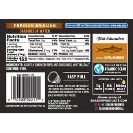 Season Brisling Sardines in Water | Gluten Free, Keto, Omega-3 Fatty Acids, High Protein, Lightly Smoked, Salt Added, One Layer | Certified Wild Caught & Sustainable Fresh Fish | 3.75 oz (Pack of 6)
