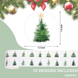 JarThenaAMCS 1000Pcs Christmas Tree Sticker Watercolor Plants Envelopes Seals Stickers Green Xmas Paper Decals 10 Designs Winter Self-Adhesive Stickers for Scrapbook Gift DIY Supplies, 1.5 in