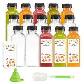 Comfy Package [15 Count - 12 oz. Reusable Plastic Juice Bottles With Caps, Labels, Brush, and Silicone Funnel - Clear plastic Bottles with Lids, Juice Containers with lids, for All Beverages