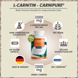 L-Carnitine High Dose - 150 L-Carnitine Capsules - 2000 mg L-Carnitine Made from 100% Carnipure® Carnitine - Pure L-Carnitine in Premium Quality - No Unwanted Additives - 100% Vegan