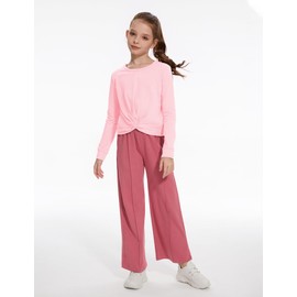Gaupafmb Girls Clothing 2PCS Casual Outfits Solid Long Sleeve Twist Crop Tops and Wide Leg Pants Teen Clothes for Girls Ages 13-15