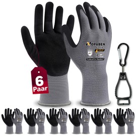 Men's/Women’s Work Gloves, 6 Pairs with Grip, Non-Slip Nitrile Coating, Mechanics’ Gloves, Assembly Gloves with Optimal Grip and Fine Touch Feeling, Garden Gloves, Size 9/L