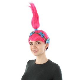 HPO Adult Women's Premium Princess Troll Ponytail Updo Pink Wig with Blue Flower Headband, Synthetic Soft Fiber hair, Perfect for your next Festival and Holiday Party!
