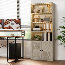 IRONCK Tall Bookcase with LED Lights, 70 in Industrial Bookshelf Display Shelf Floor Standing for Home Office, Living Room, Bed Room