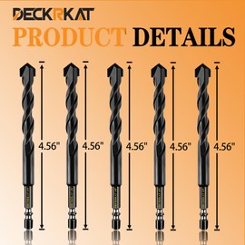 DECKRKAT 5-Piece 3/8" Carbide Masonry Drill Bits for Concrete, Brick, Tile - Black Hex Shank Set w/Heavy-Duty Case, Quick Change Fit Drill Driver