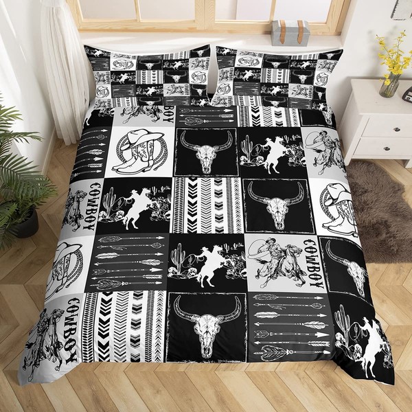 Manfei Western Cowboy Duvet Cover Set Twin Size, Bull Skull