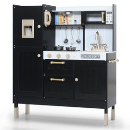 TODEFULL Play Kitchen for Kids, Wooden Kids Kitchen Playset with Lights and Sounds, Children Pretend Toy Kitchen Playset w/Stove, Oven & Ice Maker, Little Chef Play Kitchen for Girls and Boys (Black)