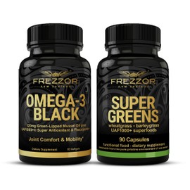FREZZOR Omega 3 Black Green Lipped Mussel Oil, 53x Higher Potency for Superior Joint Comfort & Mobility, No Fishy Aftertaste, 1 Bottle, 60 Softgels Plus 1 Bottle of Super Greens