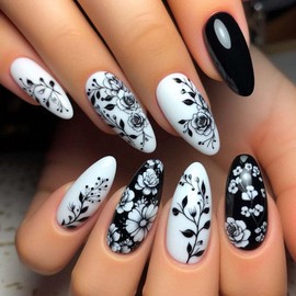 Medium Press On Nails Almond Fake Nails White False Nails With Flower Design Black Acrylic Nails Full Cover Artificial Nails Glossy Floral Glue On Nails Full Cover Stick On Nails For Women 24pcs