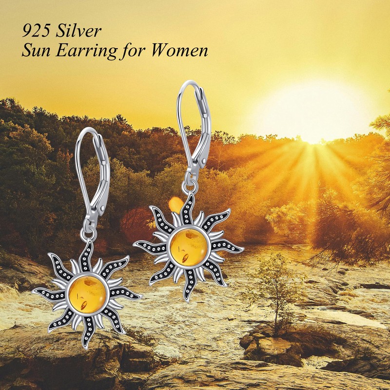 Sun Earrings Sterling Silver Amber Sun Leverback Earrings for Women