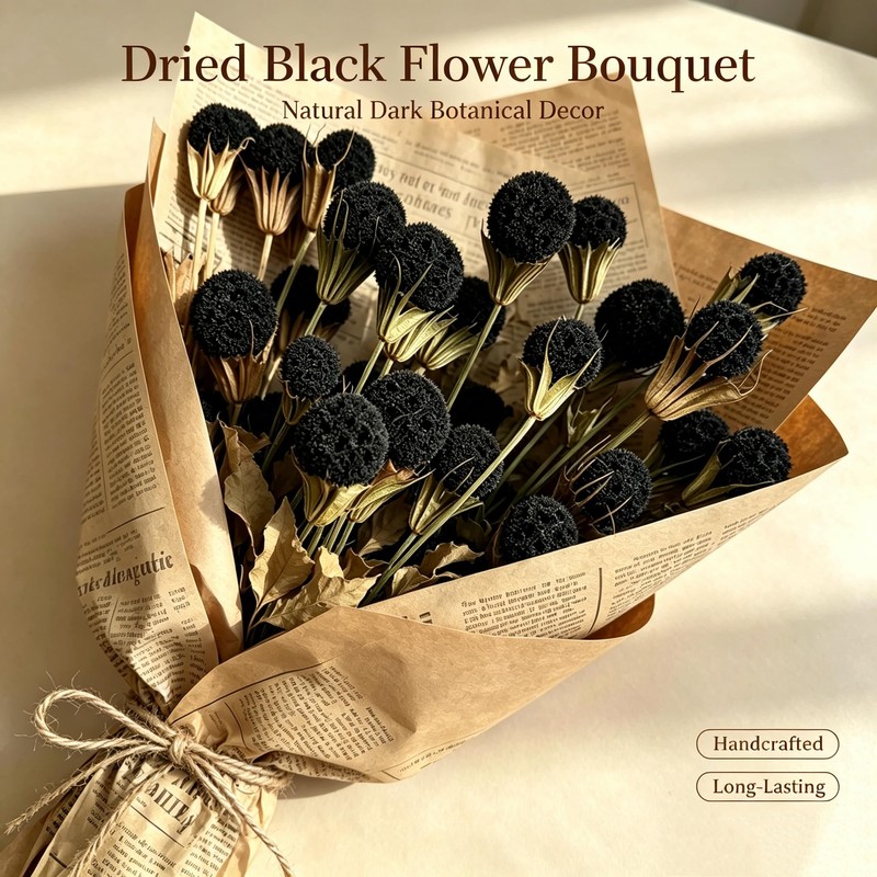 30Pcs Natural Black Dried Craspedia Billy Balls, Boho Dried Thistle