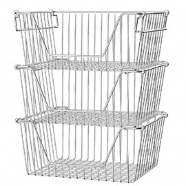 Slideep Large Stackable Storage Baskets Cabinet Organizer Sturdy Metal Wire Pantry Freezer Bin for Pantry Home Bathroom Kitchen Organization 3 Packs