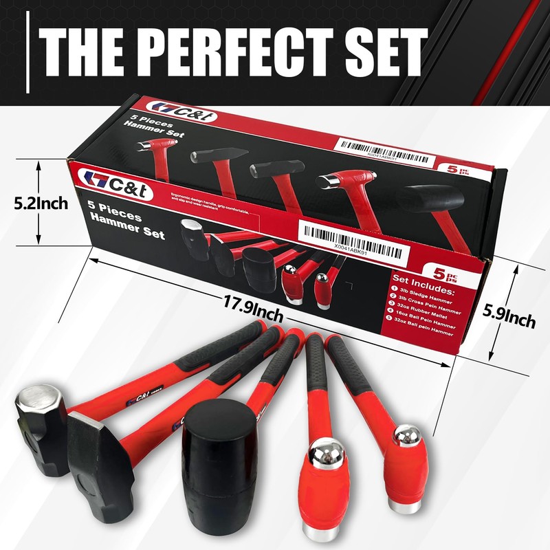 C&T 5-Piece Hammer Set, 16oz Ball Peen Hammer | 32oz