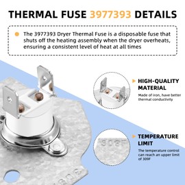 AMI PARTS Thermal Fuse Dryer Replacement Part 3977393 Fit for Whirlpool & Kenmore Replaces AP3094244 3399848 PS334299 2651 279816VP EAP334299
