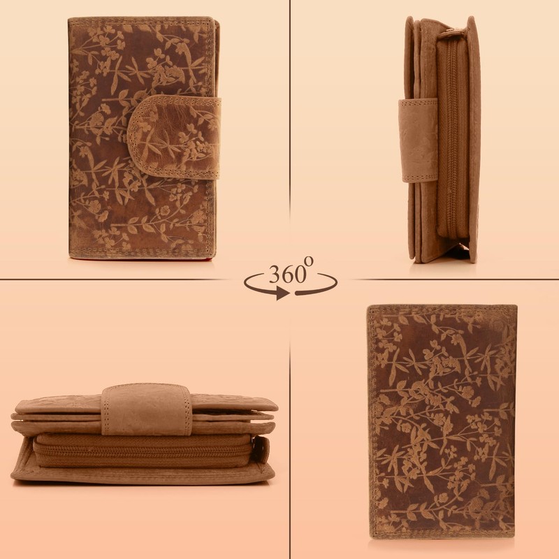 ekavale Ladies Floral Pattern RFID Protection Leather Multi Pocket Tri