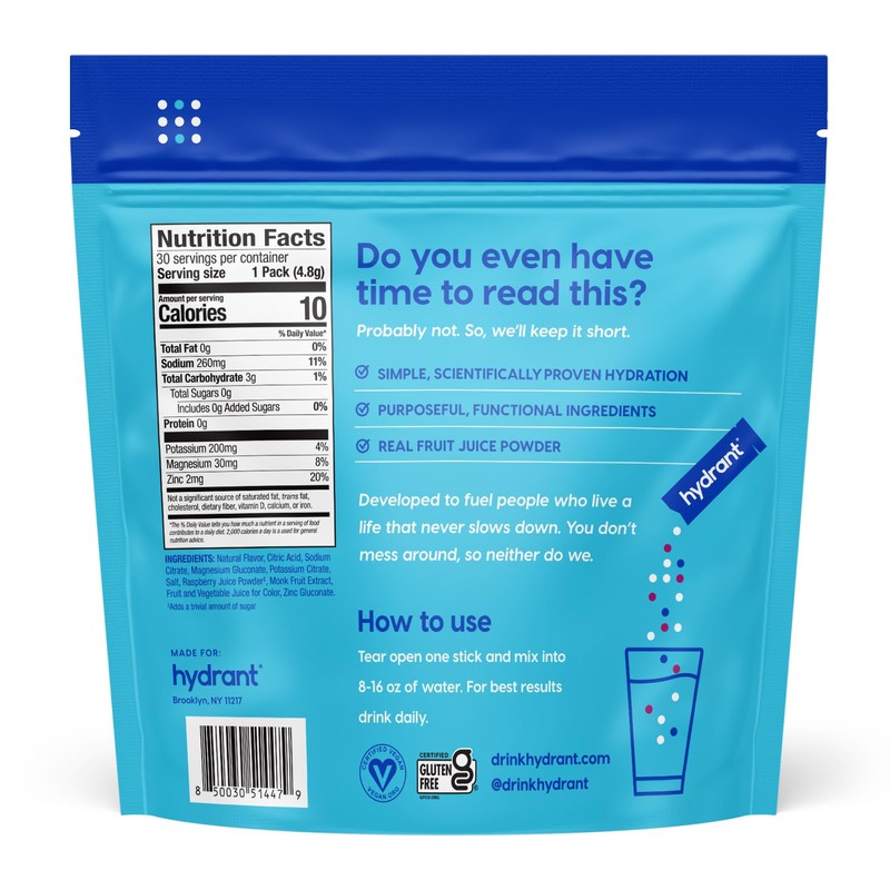 Hydrant Hydrate Zero Sugar, Individual Hydration Electrolyte Powder Stick Packets