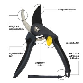 BOOMET Vine Shears with SK5 Steel Blade, Ergonomic Foam Rubber Handles for Comfortable Cutting of Shrubs, Roses and Small Woods