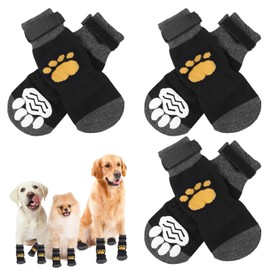 EKKONG Non-Slip Dog Socks Pack of 6 Non-Slip Socks for Dogs with Adjustable Straps Pet Paw Protection for Indoor Use on Hardwood Floor (M, Yellow Paw Print)