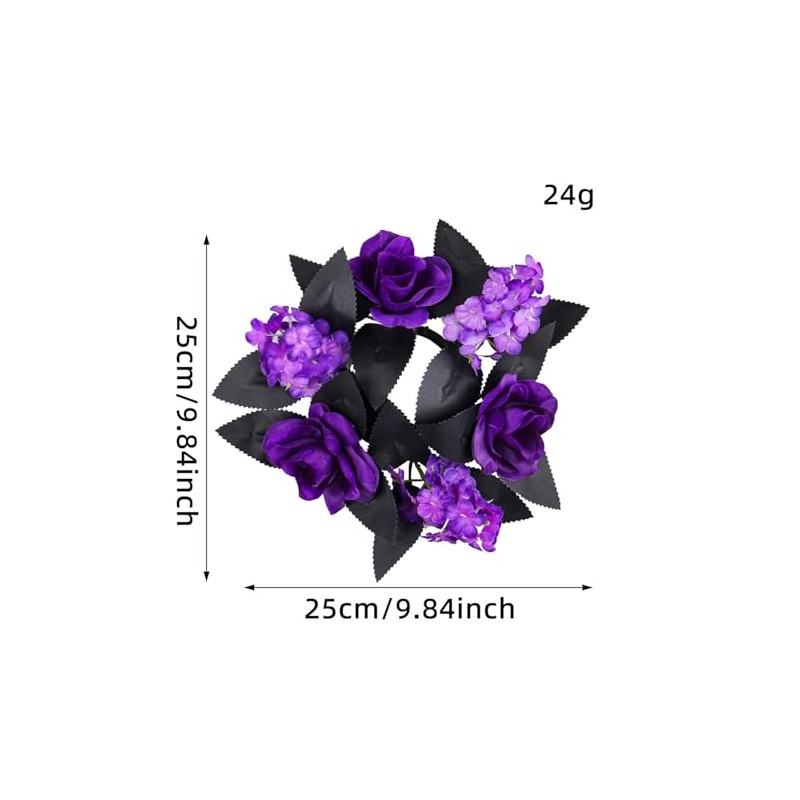 Gothic Halloween Candle Ring Wreath with Purple Roses, Black Leaves,