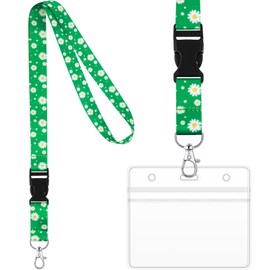 Tenare Daisy Lanyard with Card Protector Holder Daisy Neck Strap Flower Lanyard with Metal Clasp and Waterproof Transparent Card Protector Office Accessories (Green)