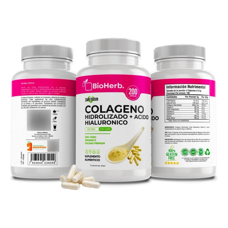 Colageno Hidrolizado + Acido Hialuronico - 180 Capsulas Sin Sabor