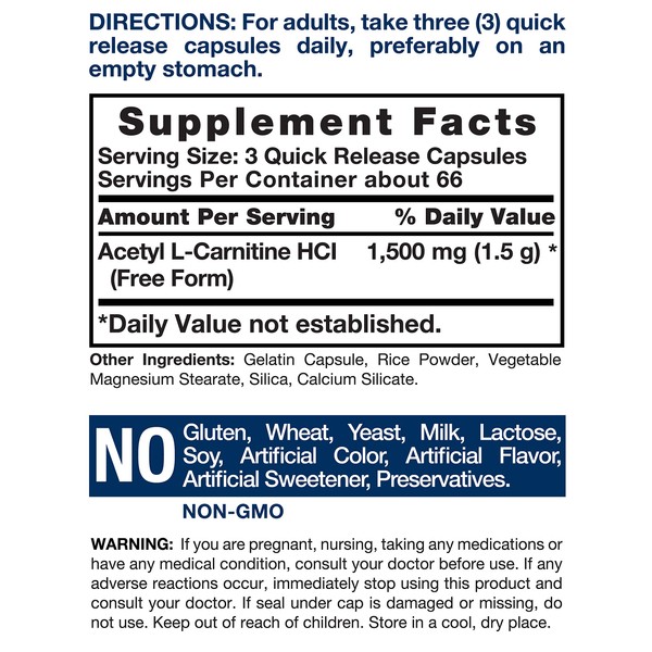 Acetyl L-Carnitine | 1500 mg 200 Capsules | ALCAR | Non-GMO, Gluten Free | by Horbaach