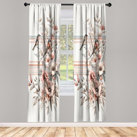 Ambesonne Birds and Nature Curtains, Autumnal Composition of Muted Leafy Floral with Sparrowbird, Window Treatments 2 Panel Set for Living Room Bedroom, Pair of - 28" x 63", Pale Salmon Laurel Green
