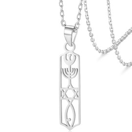 VASSAGO Messianic Seal Necklace Jesus Fish Ichthys Pendant Jewish David of Star Necklace for Women Men Israeli Hebrew Amulet Jewelry (Silver Messianic Necklace)