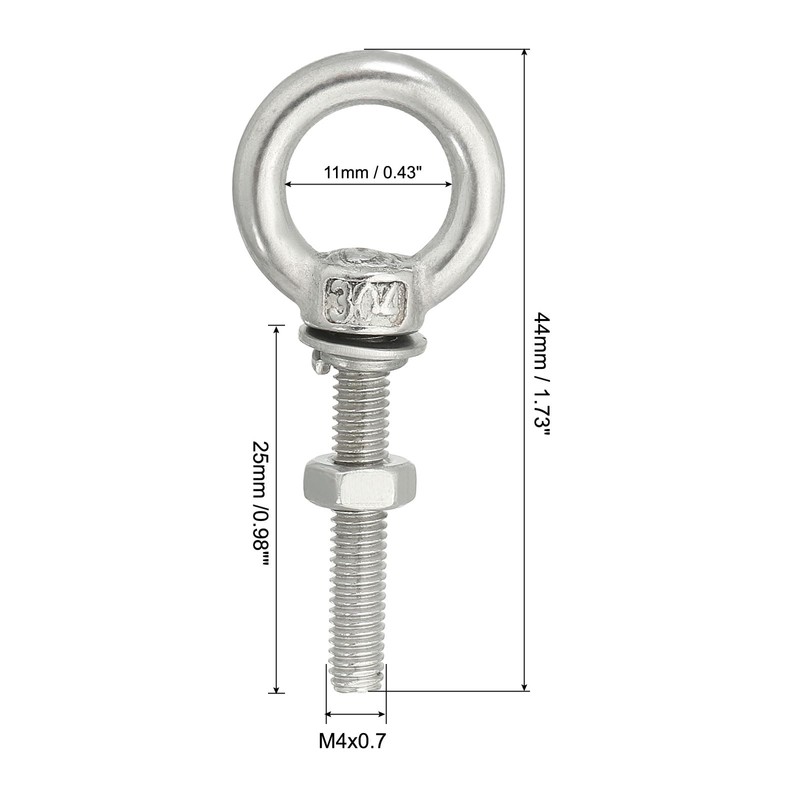 sourcing map M4 3/16"x0.98" Stainless Steel Eye Bolts Threaded Screw