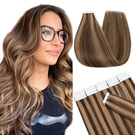 S-noilite 20" Hair Extensions Tape in Human Hair Medium Brown & Dark Blonde Real Tape in Hair Extensions Skin Weft Straight Seamless Remy Tape Hair Extensions 40pcs 100g,2.5g/pcs(20",#4P27)