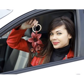 Giftale Leather Lily Flower Keychain Cute Car Keyring Fob Tassel Light Weight Burgundy Boho