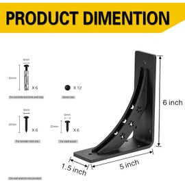 PICESA Heavy Duty Shelf Brackets，max Load 900 LBS,Premium Alloy Metal Mantel Brackets , (Set of 2) Fireplace Mantel Brackets - Countertop Support Brackets (MATTE BLACK, 6 inch x 5 inch)