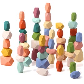 Jenaai 60 Pcs Wooden Balancing Stacking Stones Rocks, Sorting and Stacking Games, Wooden Colorful Stacking Balancing Stones Montessori Toys Preschool Learning Educational Puzzle Toys (Morandi Color)