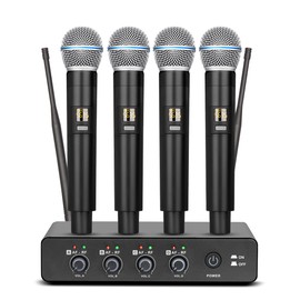 Depusheng R4 Karaoke Wireless Microphones Professional 4 Channels Handheld Wireless Microphone System Metal Dynamic Mic for Karaoke Singing, House Party, Church, Performance