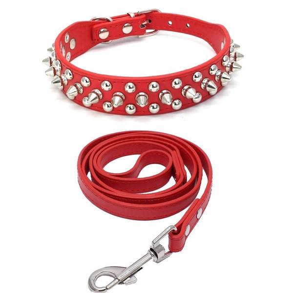 Yiwong Spiked Leather Dog Collar Lead Set, Bullet Nail Rivet