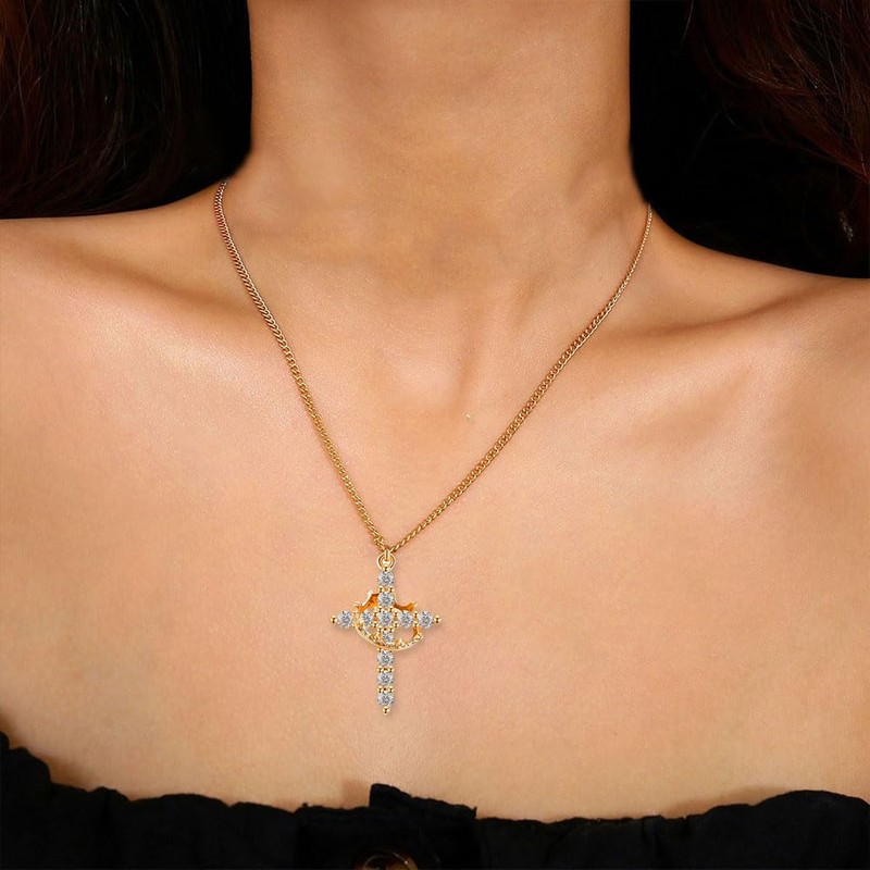 14K Gold Rhinestone Cross Pendant Necklace for Women,Shining Statement Christianity