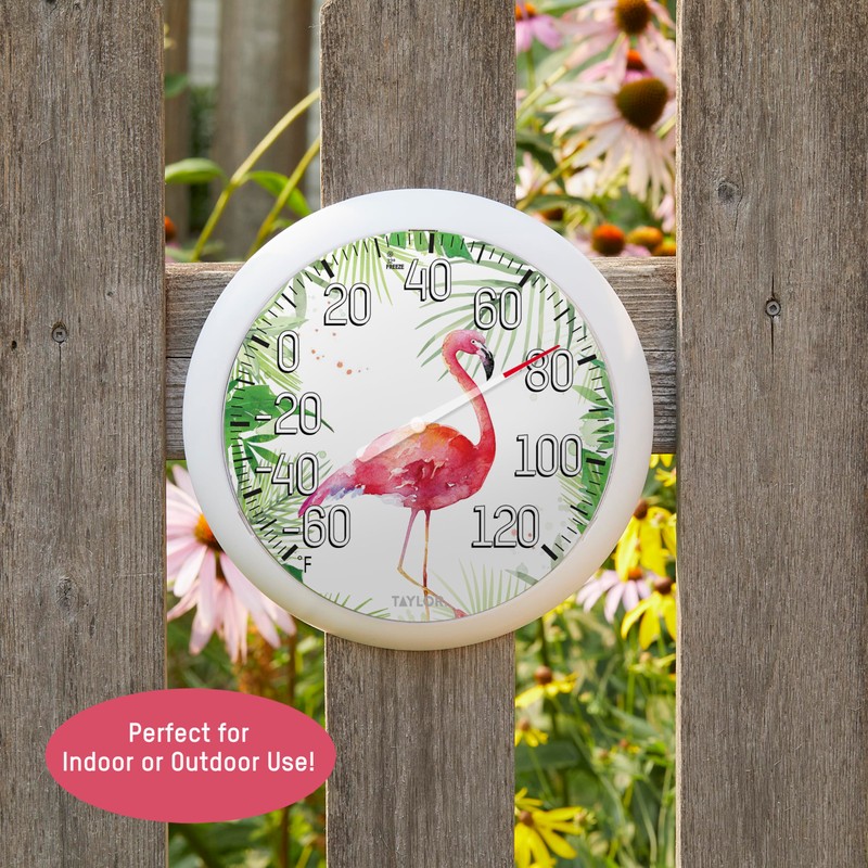 Taylor Flamingo Indoor Outdoor Dial Thermometer, Wireless Thermometer with Easy
