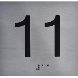 11TH Floor Elevator Jamb Plate sign With Braille and raised number-Elevator floor number sign letters & Grade 2 Braille - Includes Red Adhesive pad for Easy Installation (4" W x 4" H,SILVER/BRUSH SILVER, Tacticle Sign) - The Sensation line