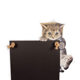 Chalkboards UK Small Memo Board/Chalkboard/Blackboard/Kitchen Chalk Board with Printed Kitten Artwork, Wooden Tray, Piece of chalk & Felt Eraser. Booth Design Range., Wood, Black, 29.7 x 20.7 x 1 cm