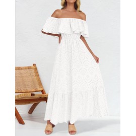 ZESICA Women's 2025 Summer Off Shoulder Ruffle Midi Dress Short Sleeve High Waist Hollow Out Embroidery Party Dresses,White,Large